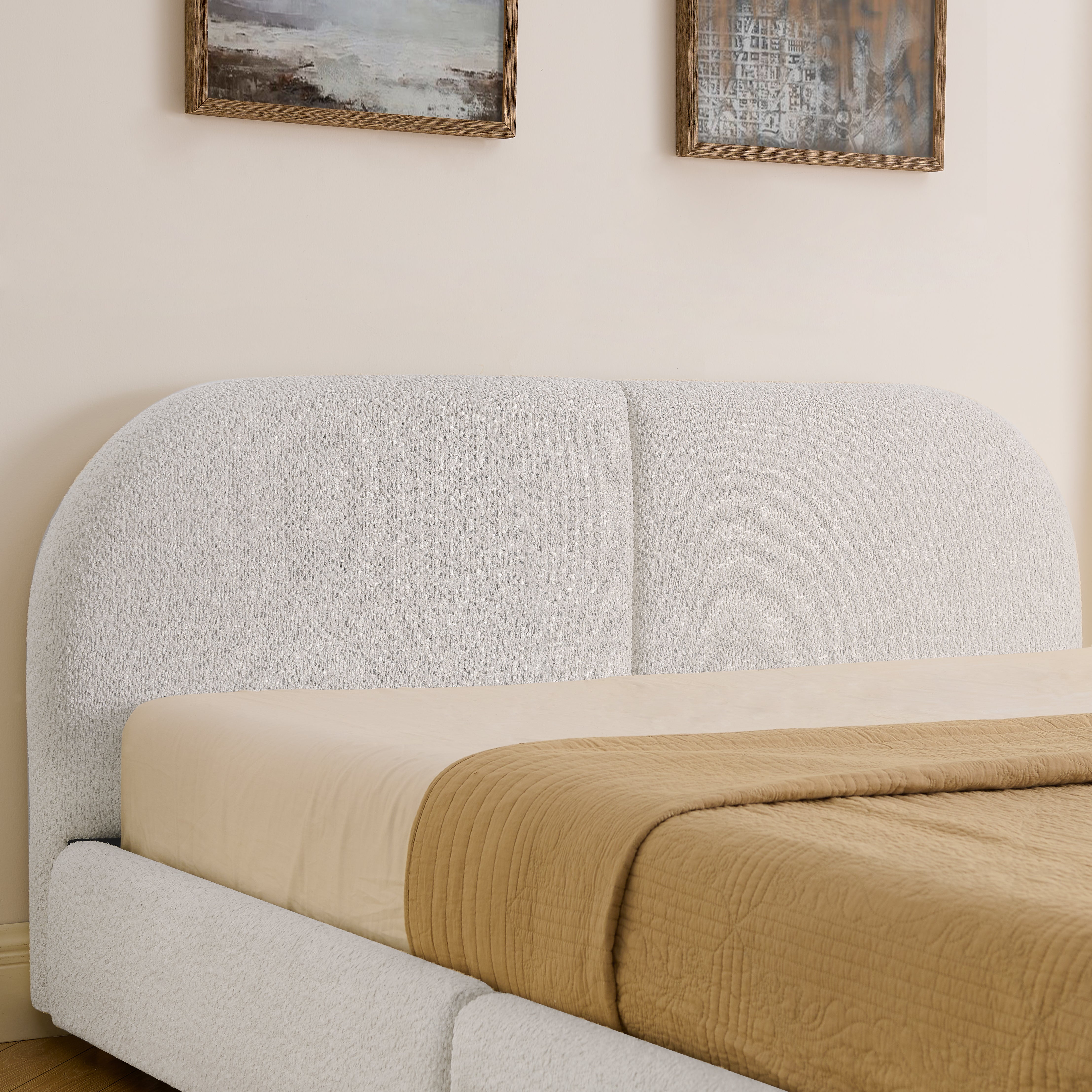 Queen Size Upholstered Bed Frame Modern Minimalist Style - Circle Yarn Fabric, Tall Curved Headboard, Sturdy Leg Support & Wheeled Drawer Storage, Mattress Not Included -Beige