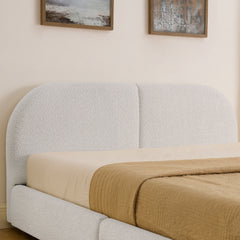 Queen Size Upholstered Bed Frame Modern Minimalist Style - Circle Yarn Fabric, Tall Curved Headboard, Sturdy Leg Support & Wheeled Drawer Storage, Mattress Not Included -Beige