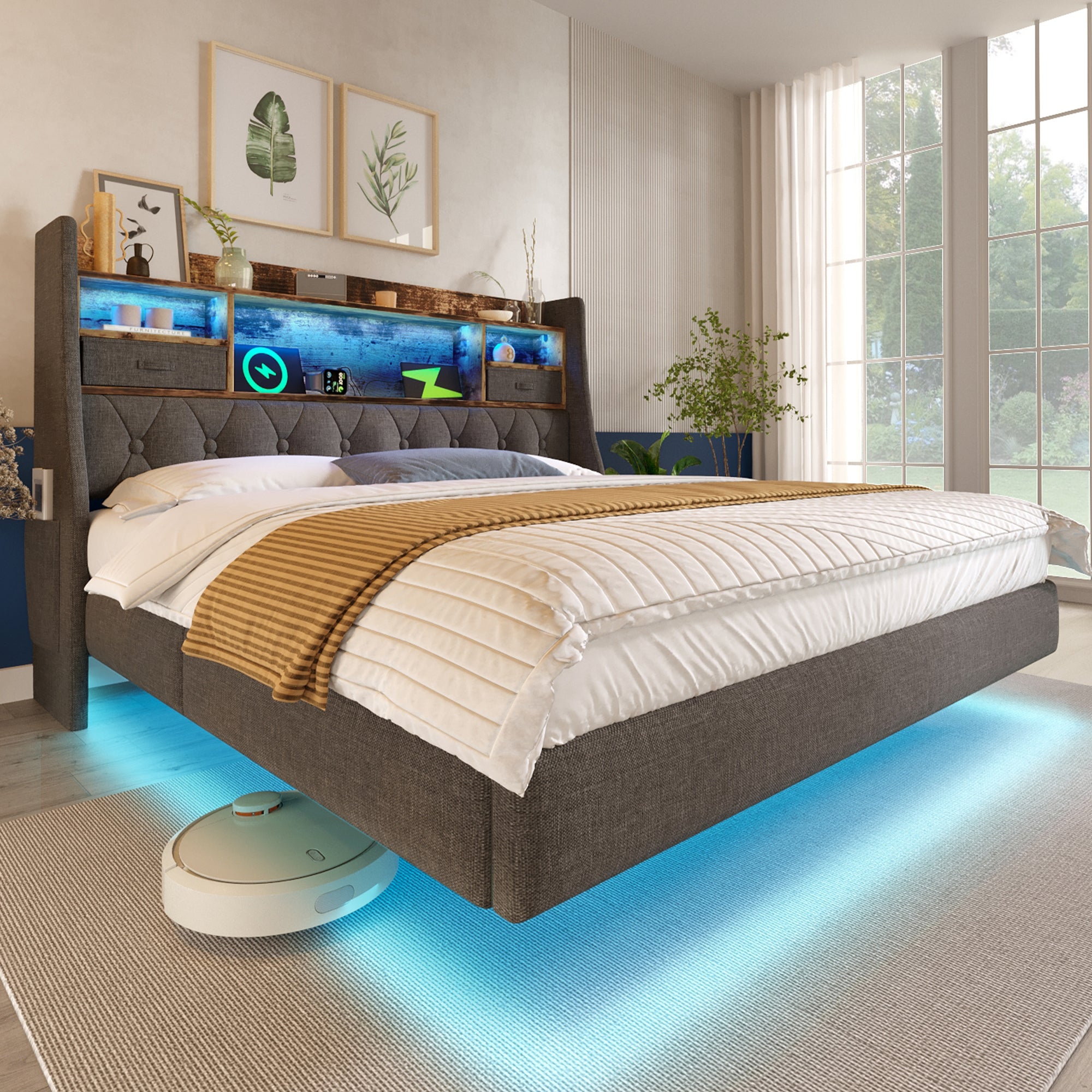 Upholstered Bed 4ft6 Floating Bed With LED Lighting, USB Type-C Charging, Storage Headboard For Cellphones And Tablets,  135 X 190 Cm Double Bed With Metal Slatted Frame, Linen, Grey  No Mattress