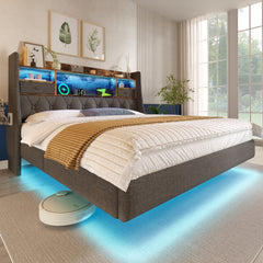 Upholstered Bed 4ft6 Floating Bed With LED Lighting, USB Type-C Charging, Storage Headboard For Cellphones And Tablets,  135 X 190 Cm Double Bed With Metal Slatted Frame, Linen, Grey  No Mattress