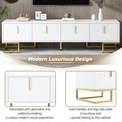 ON-TREND Modern TV Stand With Metal Legs And Gold Handles For TVs Up To 80'', Media Console Table With Cabinets And Adjustable Shelves, Luxury TV Cabinet With Geometric Lines For Living Room, White
