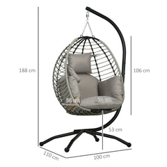 Single Rattan Hanging Egg Chair, With Seat Cushion - Grey