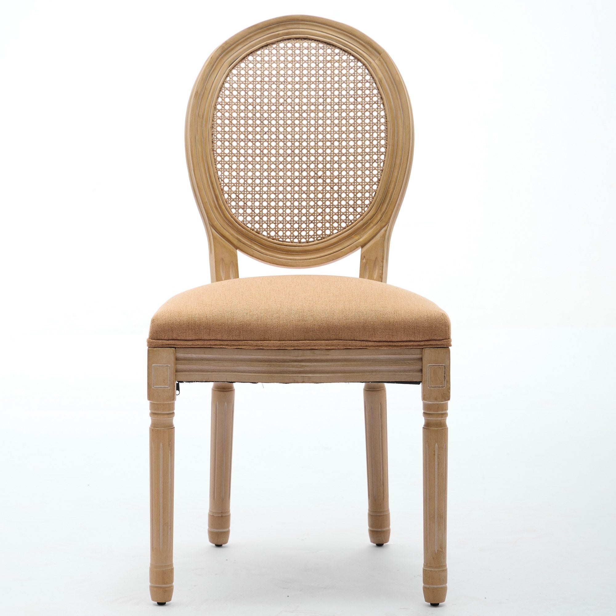 A&A Furniture,French Style Solid Wood Frame Antique Painting Linen Fabric Rattan Back Dining Chair,Set Of 2,Tan