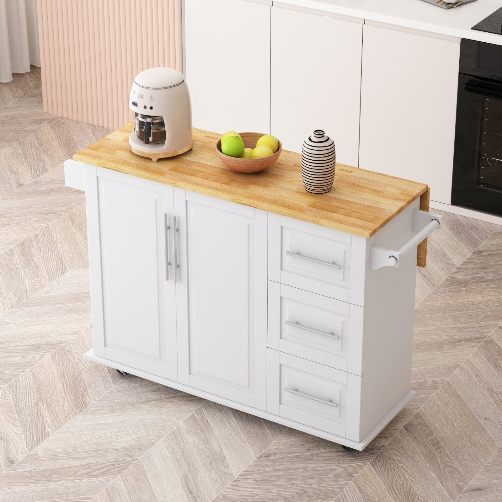 Kitchen Island Cart With Cabinet, 3 Drawers, Spice Rack, Towel Rack, 43.31  Wide