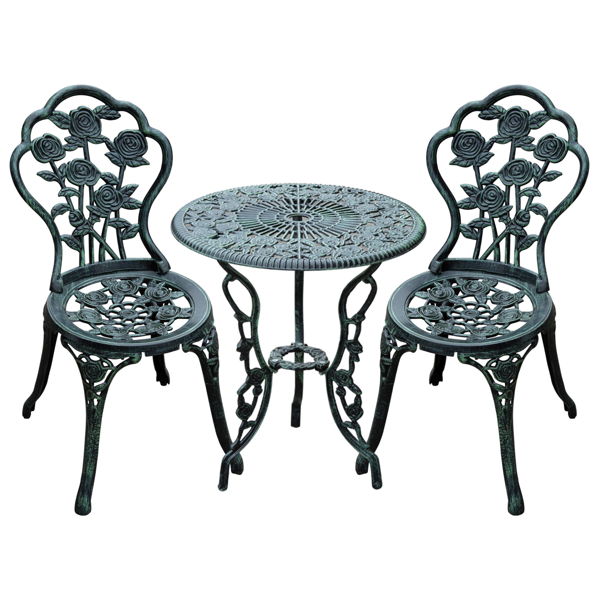 Cast Aluminium Outdoor Patio Garden Bistro Elegant Design Table Chair Set - Green (3-Piece)