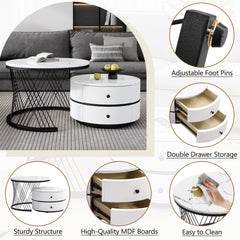 High Gloss Round Nesting Coffee Table With Marble Top, End Table, White & Gold Nesting Coffee Table Set Of 2 Center Table With Storage Drawers For Living Room