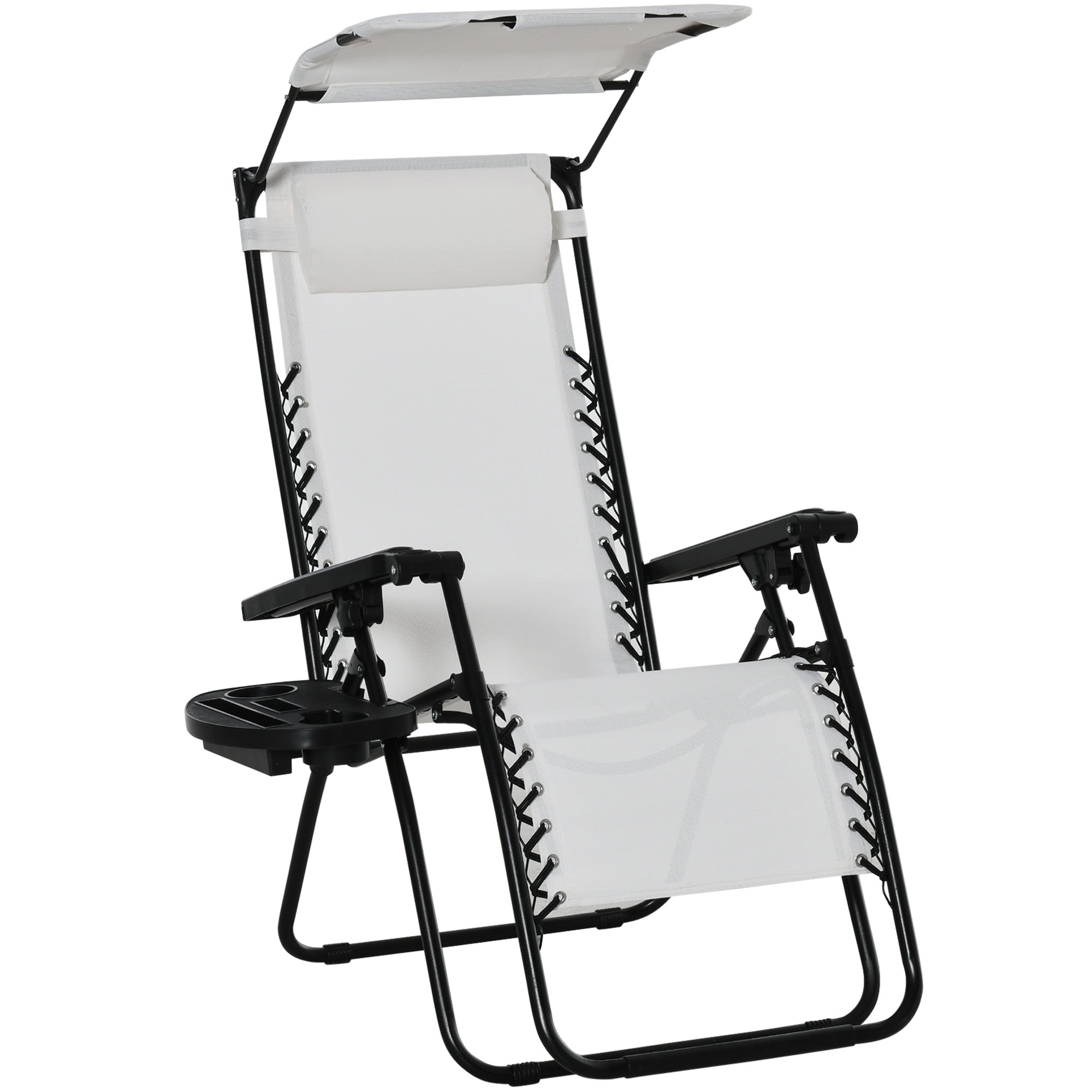 Zero Gravity Garden Folding Patio Sun Lounger W/Cup Holder & Canopy Shade White