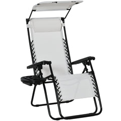 Zero Gravity Garden Folding Patio Sun Lounger W/Cup Holder & Canopy Shade White