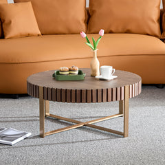 Modern Handcraft Drum Coffee Table 31.5 Inch Round Coffee Table For Living Room,Small Coffee Table With Sturdy Pedestal,Walnut
