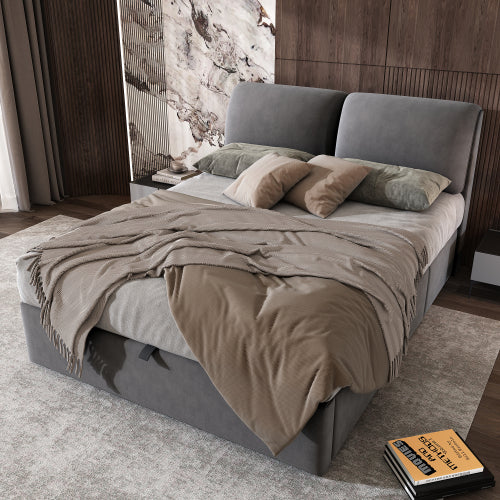 Upholstered Bed,Double Bed-4ft6  135x190cm  Hydraulic Bed, Three Drawers, Bed Box For Storage, Slatted Frame With Headboard, Without Mattress, Velvet, Grey