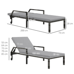 Outdoor PE Rattan Sun Lounger Set Of 2, Wicker Chaise Recliner Garden Chair With 5-Level Adjustable Backrest And 2 Wheels, Grey