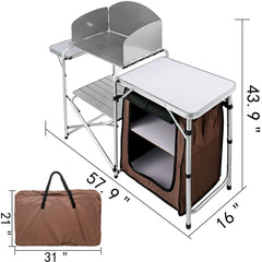 Camping Kitchen Table Picnic Cabinet Folding Cooking Storage Rack Portable Brown
