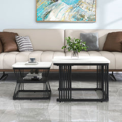 Nest Of 2 Tables  Square Coffee Table Coffee Table Set Nesting Sofa Table Multi-functional End Side Table Nesting Tables With Black Metal Frame Legs And Marble Pattern White Top For Living Room Home