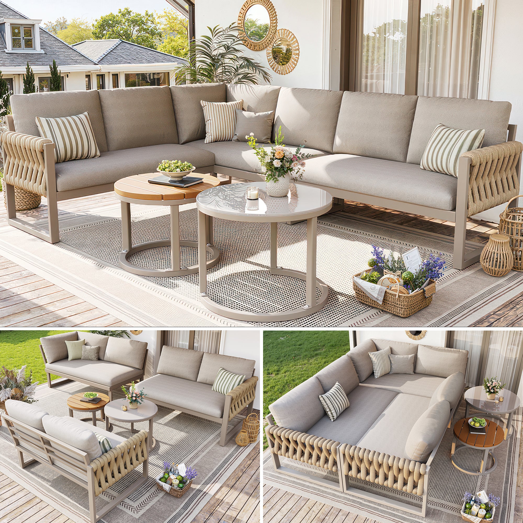 Garden Furniture Set With Adjustable Legs, Water-repellent And Removable Cushions, Modular Garden Lounge Set For 5-6 People, Suitable For Balconies, Gardens, And Patios, Beige