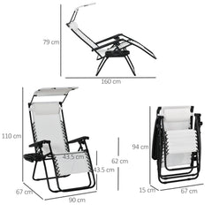 Zero Gravity Garden Folding Patio Sun Lounger W/Cup Holder & Canopy Shade White