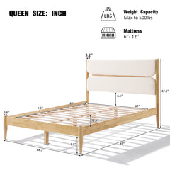 Queen Size Solid Wood Bed Frame With Fleece Upholstered Headboard, Ivory