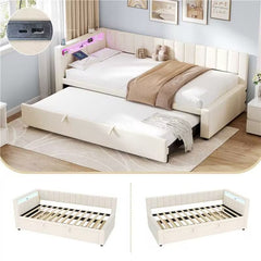 3ft Single Velvet Daybed, Sofa Bed With RGB LED Lights And Charging Station, Upholstered Sofa Bed With Trundle, Pull Out Trundle Bed For Living Room, Bedroom Or Study, Beige No Mattress