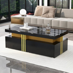 Modern White Rectangular Coffee Table With Marble Pattern Triamine Board Top And 2 Wooden Drawers, Living Room Table, 100x50x40cm