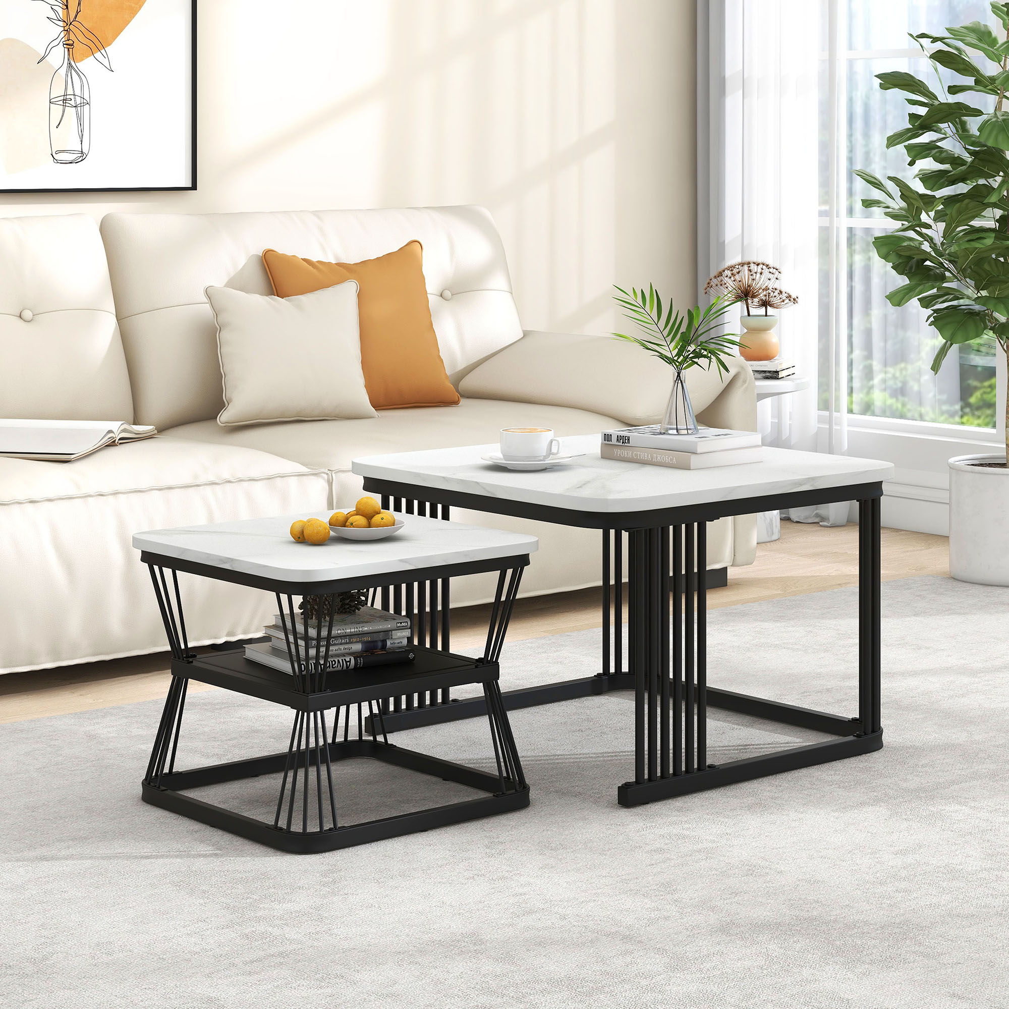Nest Of 2 Tables  Square Coffee Table Coffee Table Set Nesting Sofa Table Multi-functional End Side Table Nesting Tables With Black Metal Frame Legs And Marble Pattern White Top For Living Room Home