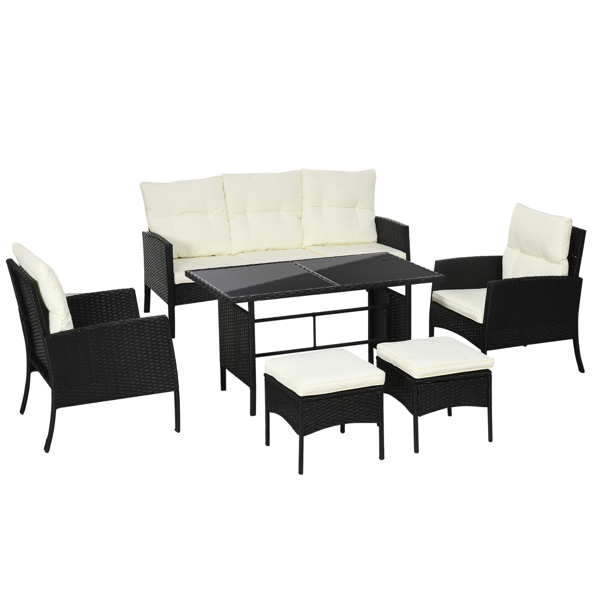 5 Seater Rattan Garden Furniture Set, 6 Piece Garden Sofa Set, Armchairs, 3-Seater Sofa, Footstools, Glass Dining Table, Cushions, Wicker Outdoor Furniture For Conservatory Patio, Cream