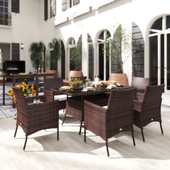 6 Seater Rattan Dining Set With Cushions, Rattan Garden Furniture Set With 6 Armchairs, Rectangular Glass Top Table, Outdoor Dining Table And Chairs, Brown