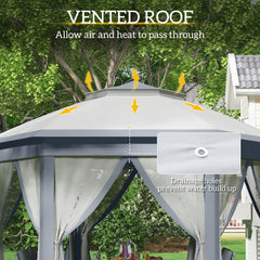 3 X 4m Metal Frame Hexagon Gazebo, With Curtains - Grey