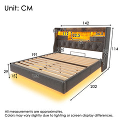 Upholstered Bed 4ft6 Floating Bed With LED Lighting, USB Type-C Charging, Storage Headboard For Cellphones And Tablets,  135 X 190 Cm Double Bed With Metal Slatted Frame, Linen, Grey  No Mattress