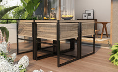 Garden Dining Set 5 Piece Set With 1 Dining Table, 4 Stackable Chairs Garden Furniture Set, 5-pc, Seating Group, Fine Rope, Iron, Table Top Made Of 5mm Thick Safety Glass