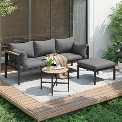 Garden Furniture Set, Corner Set, Sofa  Coffee Table  Footstool, Galvanized Steel Tube, Glass Table Top, Suitable For Gardens, Swimming Pools And Other Outdoor Areas, Grey