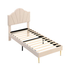 Velvet Upholstered Bed,Single Bed-3ft 90x190cm, Shell-like Bed With Golden Iron Legs, Height-adjustable Headboard, Wooden Slatted Frame