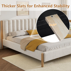 King Size Bed Frame With Boucle Upholstered Thick Headboard, Solid Wooden Legs, White
