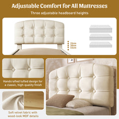 Upholstered Single Bed With Storage Compartments And Drawers, 3ft Single Bed With Adjustable Headboard, 90 X 190 Cm, Velvet, Beige   No Mattress