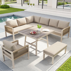 Handwoven L-shaped Garden Sofa Set For Up To 8 People, Sturdy Iron Frame With Beige Cushions, Complete With Table Wood-look Glass & 1 Armchair, Weatherproof Patio Furniture