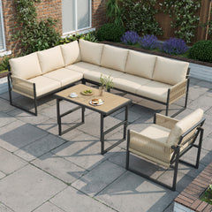 6-7 Seater Garden Furniture Set With Height Adjustable Rising Coffee Table, Corner Sofa With Polyester Rope, Weatherproof Outdoor Patio Dining Lounge Set For Balcony And Terrace, Beige