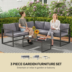 Three-Piece L Shaped Garden Furniture Set With Cushions - Grey