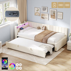 3ft Single Velvet Daybed, Sofa Bed With RGB LED Lights And Charging Station, Upholstered Sofa Bed With Trundle, Pull Out Trundle Bed For Living Room, Bedroom Or Study, Beige No Mattress
