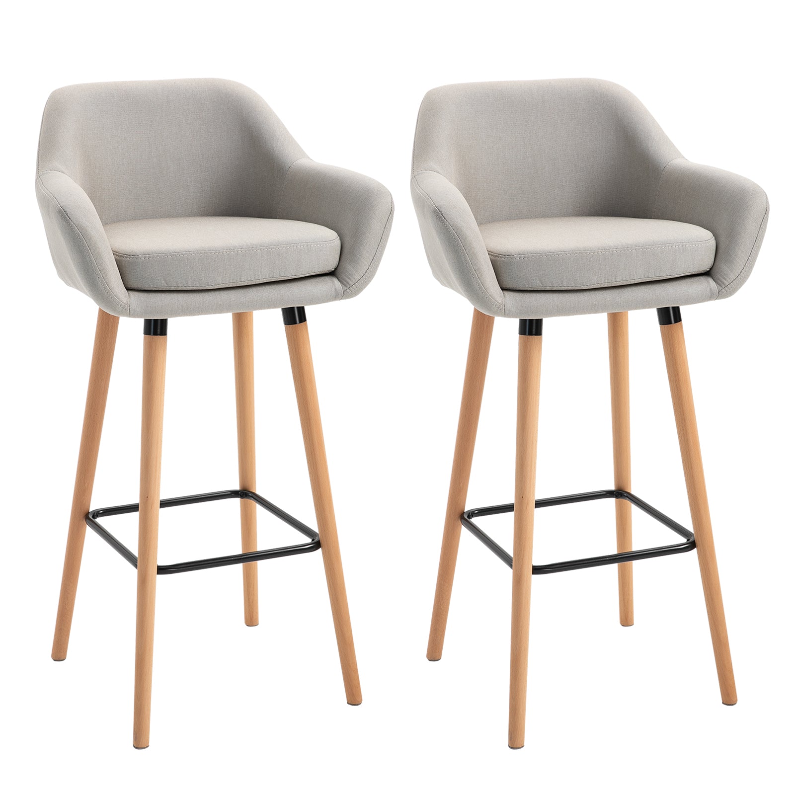 Set Of 2 Bar Stools Modern Upholstered Seat Bar Chairs W/ Metal Frame, Solid Wood Legs Living Room Dining Room Fabric Furniture - Beige