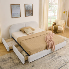 Queen Size Upholstered Bed Frame Modern Minimalist Style - Circle Yarn Fabric, Tall Curved Headboard, Sturdy Leg Support & Wheeled Drawer Storage, Mattress Not Included -Beige