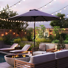 2.7m Patio Garden Umbrella Outdoor Parasol With Tilt Crank And 24 LEDs Lights (Grey)