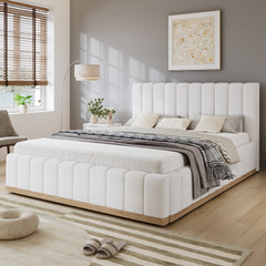 Upholstered Bed, 4ft6 Double Bed 135x190cm, Sturdy Bed Slats, Comfortable Soft Headboard, PU  MDF Plywood, Beige