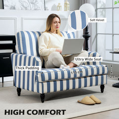Modern Cuddle Chair, Velvet Single Sofa Armchair With Stripe, Turned Legs And Wide Seat, Upholstered Snuggle Chair For Living Room, Bedroom, Blue And White