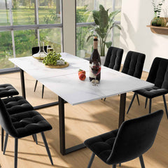Dining Table Telescopic Table, 140 180x80x75cm, Iron Metal Legs & Square Tube Legs Modern White MDF Table Top With Marble Patterns, Dual Use For Home & Office