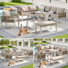 Handwoven L-shaped Garden Sofa Set For Up To 8 People, Sturdy Iron Frame With Beige Cushions, Complete With Table Wood-look Glass & 1 Armchair, Weatherproof Patio Furniture