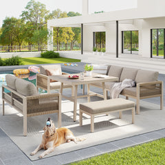 Handwoven L-shaped Garden Sofa Set For Up To 8 People, Sturdy Iron Frame With Beige Cushions, Complete With Table Wood-look Glass & 1 Armchair, Weatherproof Patio Furniture