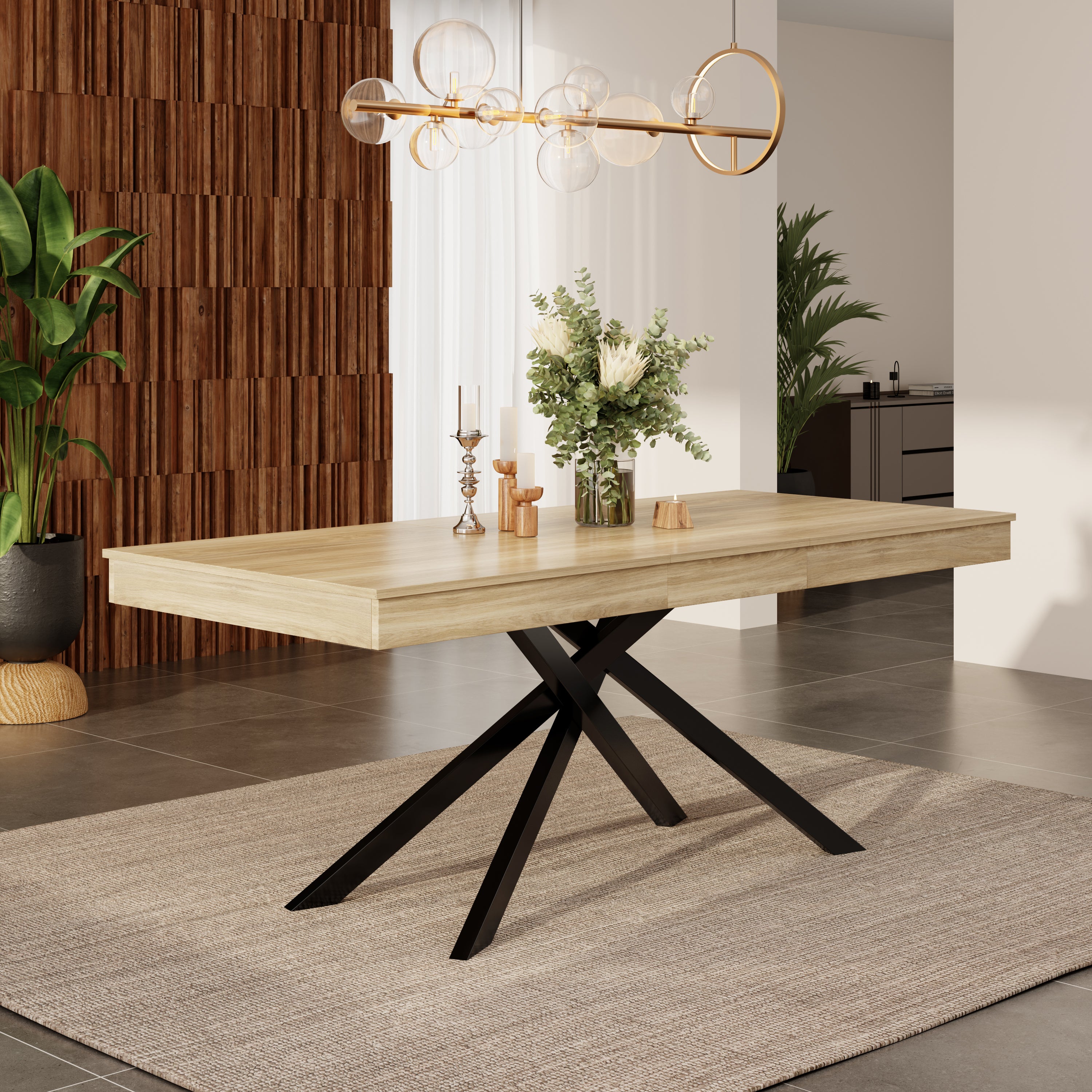 Extendable Dining Table, 140  180x80 Cm, Suitable For 6-8 People, Rectangular Shape, Thickened Tabletop, Metal Legs, Simple Style, Table For Dining Room, Kitchen, Living Room, Oak Color