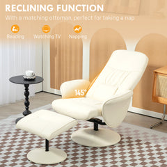 Swivel Recliner Chair With Footstool, PU Leather Armchair And Ottoman With High Back And Round Base For Living Room, Cream White