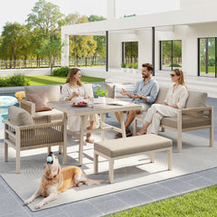 Handwoven L-shaped Garden Sofa Set For Up To 8 People, Sturdy Iron Frame With Beige Cushions, Complete With Table Wood-look Glass & 1 Armchair, Weatherproof Patio Furniture