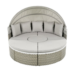 TOPMAX Patio Furniture Round Outdoor Sectional Sofa Set Rattan Daybed Two-Tone Weave Sunbed With Retractable Canopy, Separate Seating And Removable Cushion, Gray