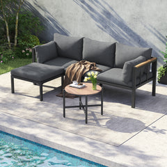 Garden Furniture Set, Corner Set, Sofa  Coffee Table  Footstool, Galvanized Steel Tube, Glass Table Top, Suitable For Gardens, Swimming Pools And Other Outdoor Areas, Grey