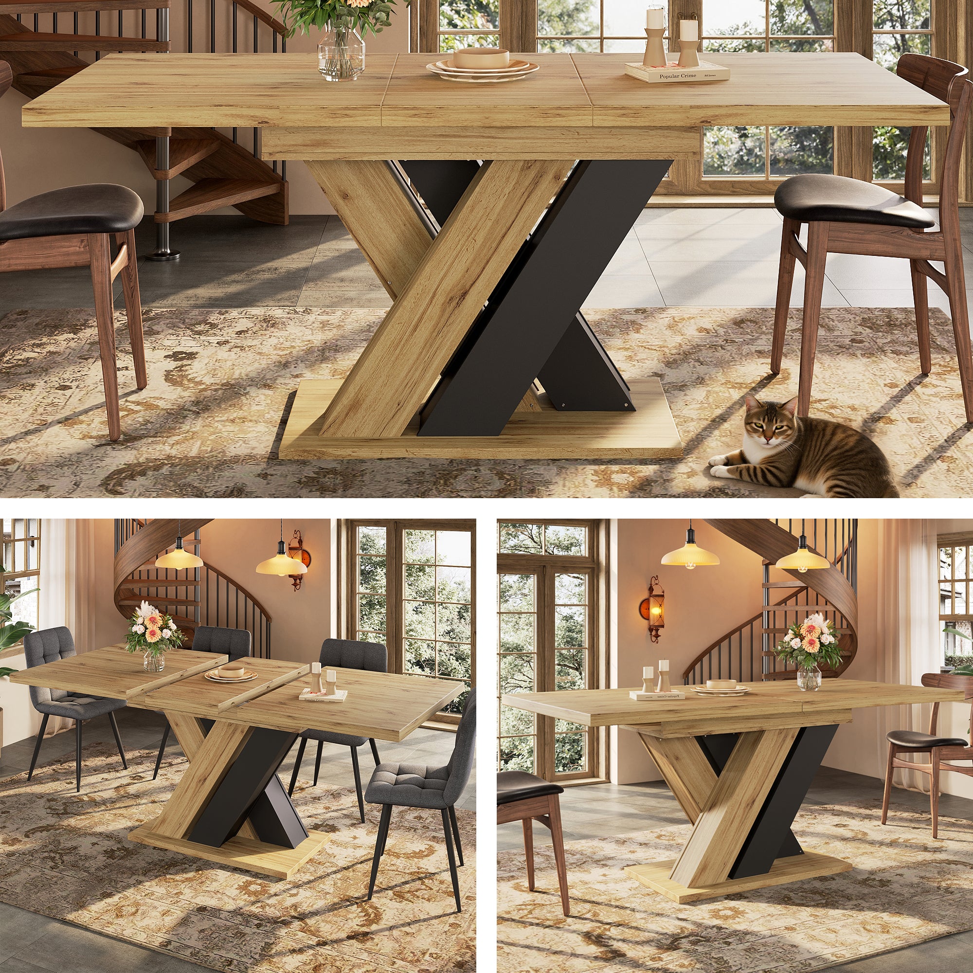 Dining Table Telescopic Table ,  Kitchen Table, Extendable To 119-158.5cm With The Aid Of Internal Insert Panels, For Kitchen And Living Room, Wood-colored Dining Table With X-shaped Legs